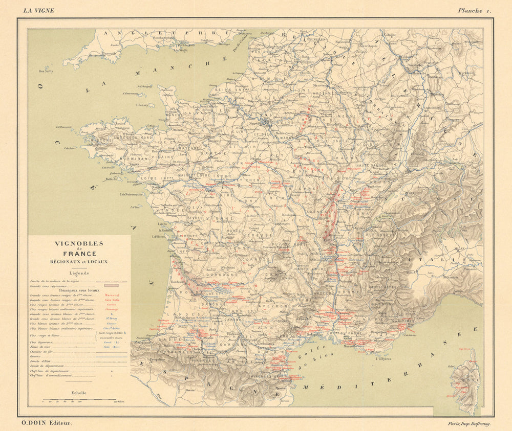 Vignobles de France - Régionaux et locaux. France wine map. HAUSERMANN 1901