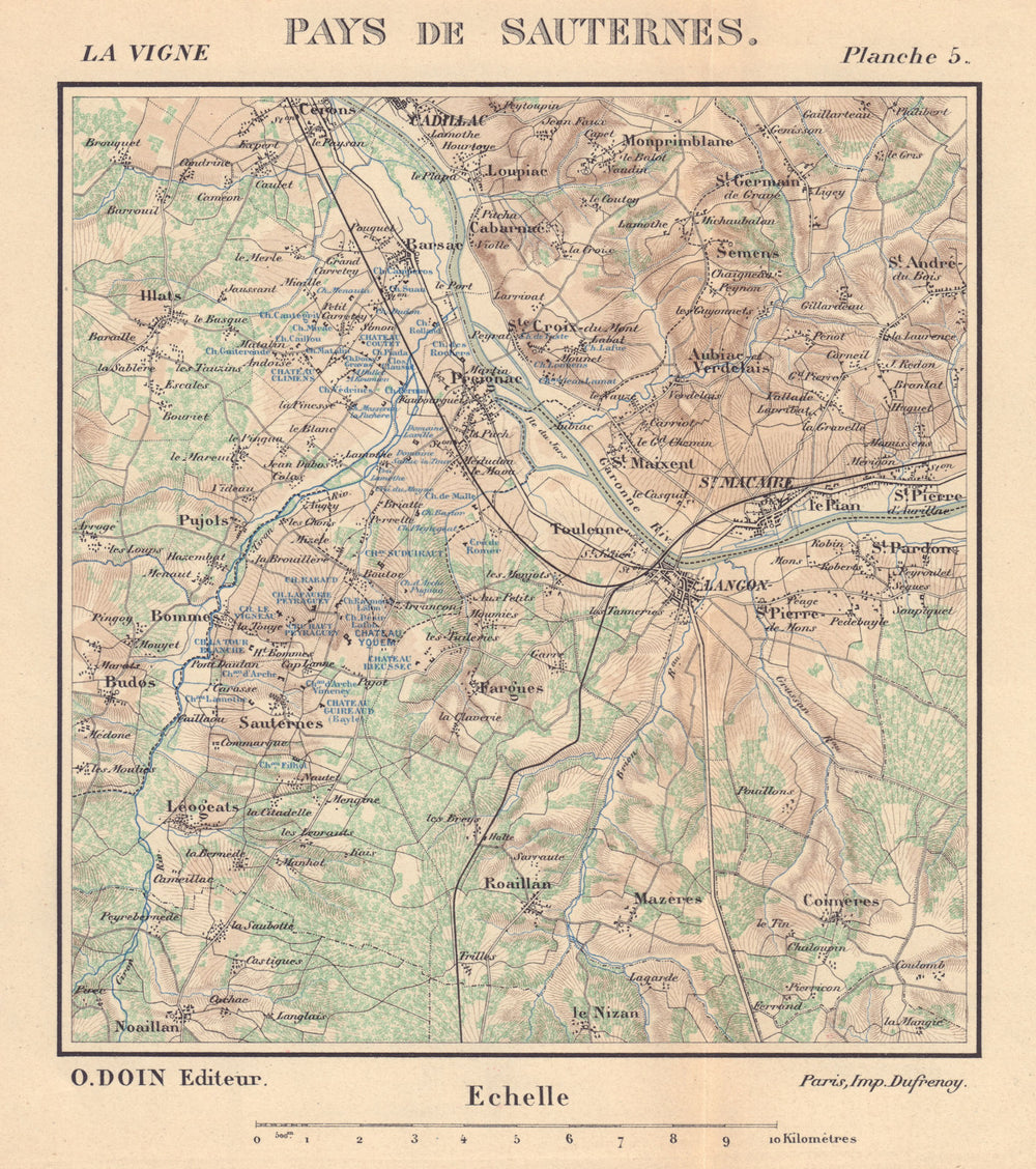 Pays de Sauternes. Bordeaux wine map. Grands crus. HAUSERMANN 1901 old