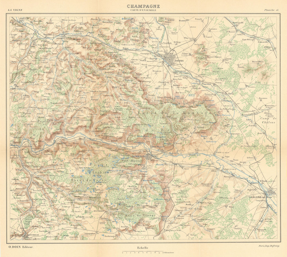 Champagne wine map - Carte d'Ensemble. Épernay Reims  HAUSERMANN 1901 old