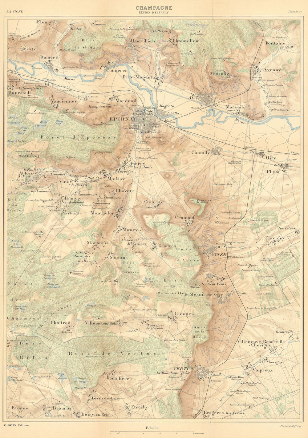 Champagne wine map - Région d'Épernay.  HAUSERMANN 1901 old antique chart