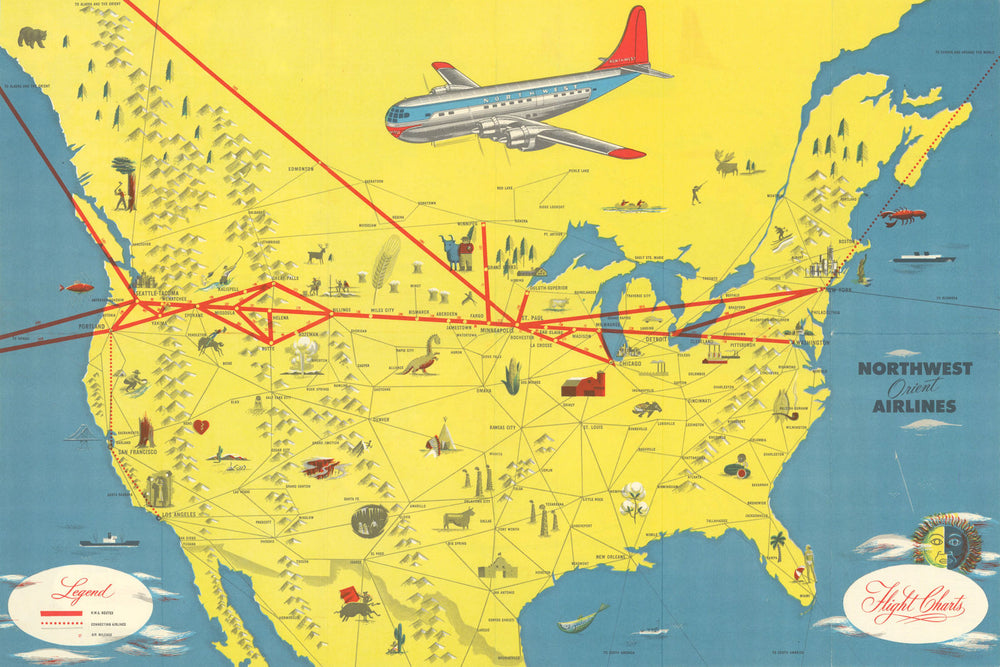 Northwest Orient Airlines. Pictorial network route map 16"x24" 1949 old