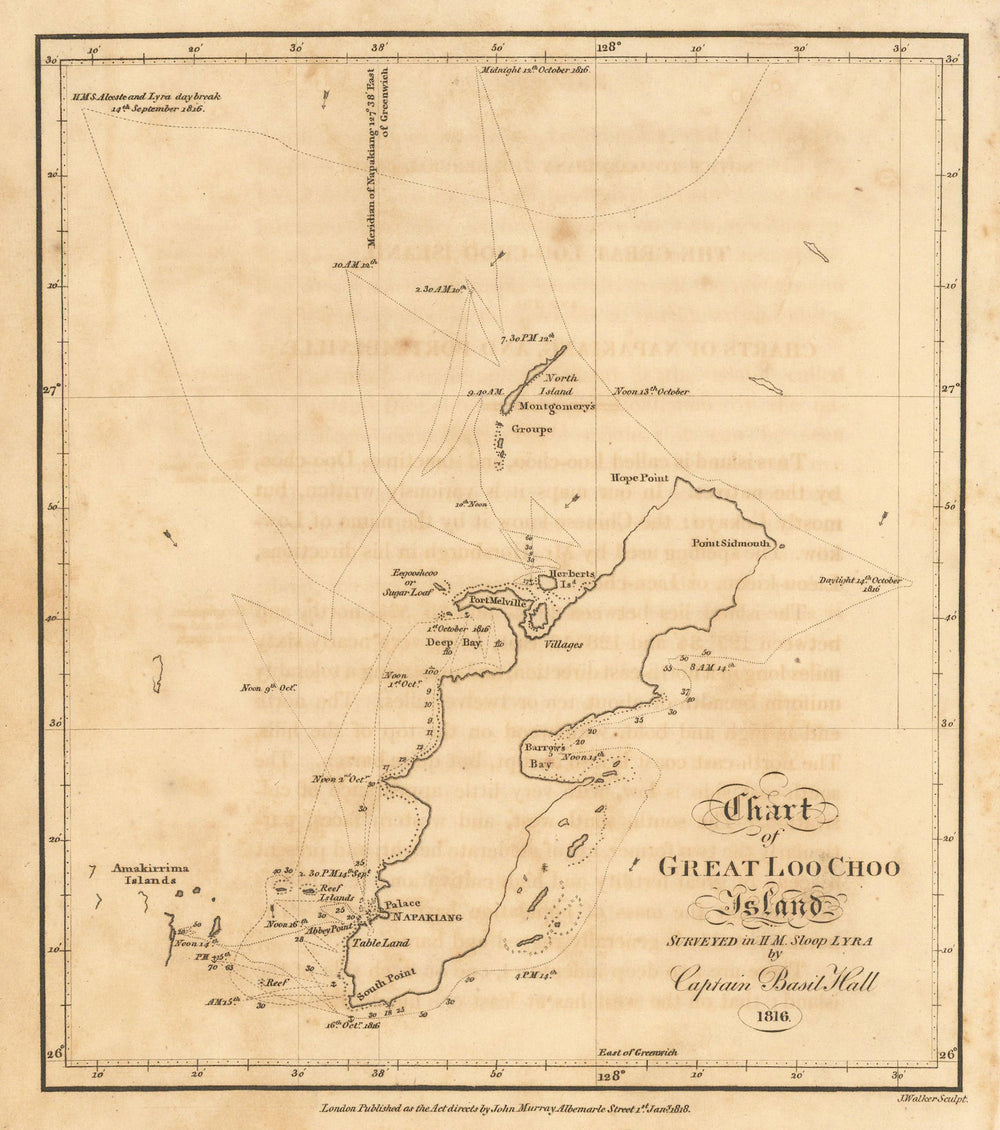 Chart of the Great Loo Choo Island by Captn. Basil Hall. Okinawa, Japan 1818 map