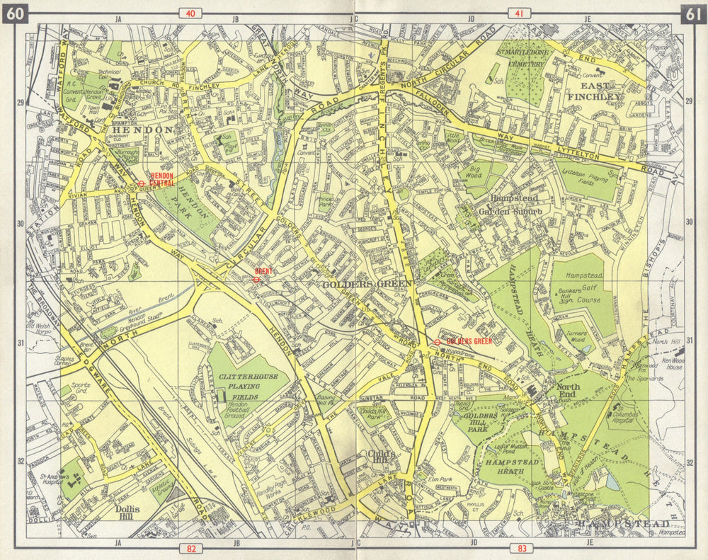 NW LONDON Hendon East Finchley Golders Green Child's Hill M1 projected 1965 map