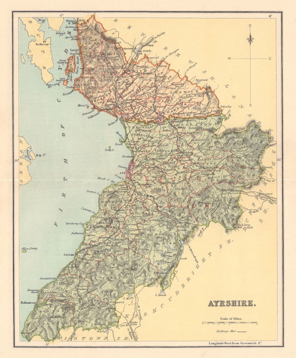 AYRSHIRE antique county map. Parishes. Ayr Kilmarnock. Scotland. LIZARS 1895