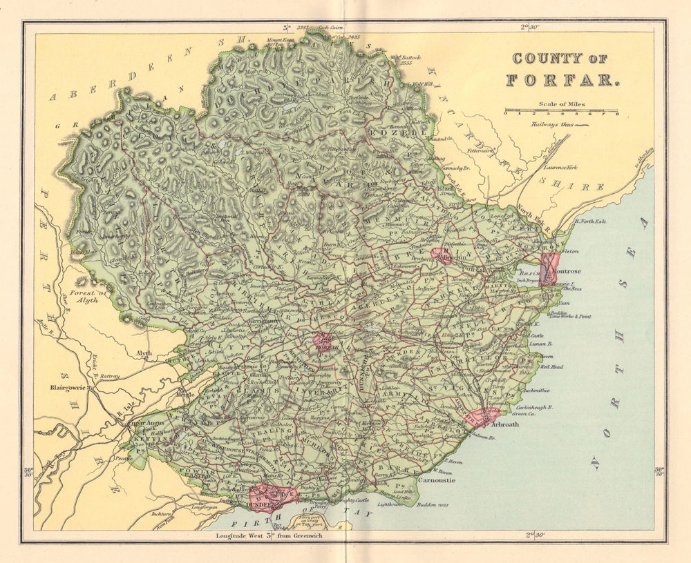 FORFARSHIRE antique county map. Scotland. Dundee Montrose. LIZARS 1895 old