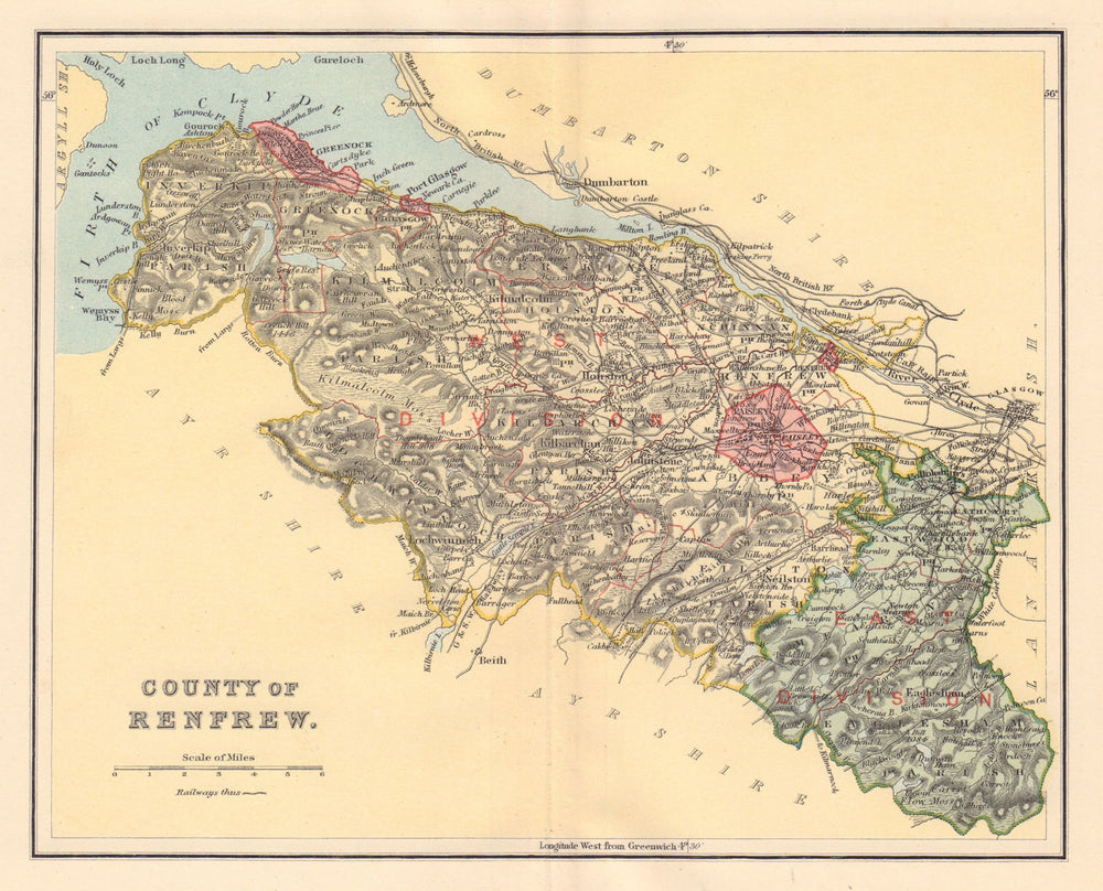 RENFREWSHIRE county map. Parishes Greenock Paisley Glasgow Scotland LIZARS 1895