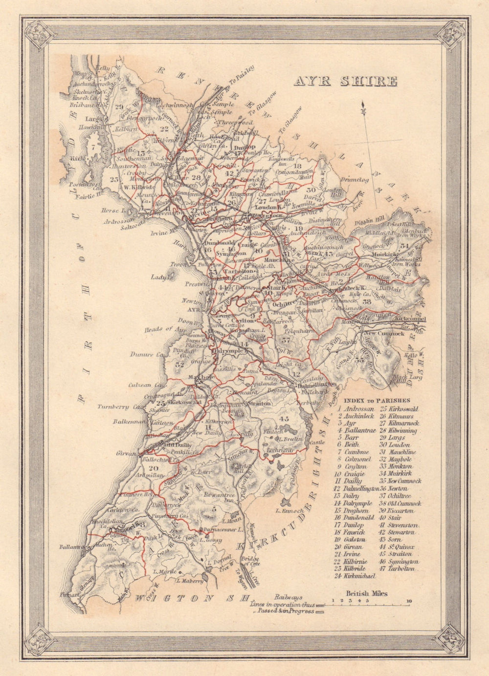 Decorative antique county map of Ayrshire, Scotland. FULLARTON 1866 old