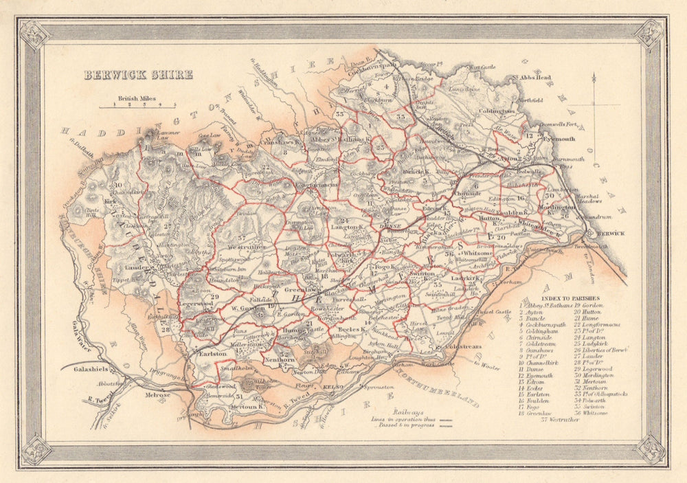 Decorative antique county map of Berwickshire, Scotland. FULLARTON 1866