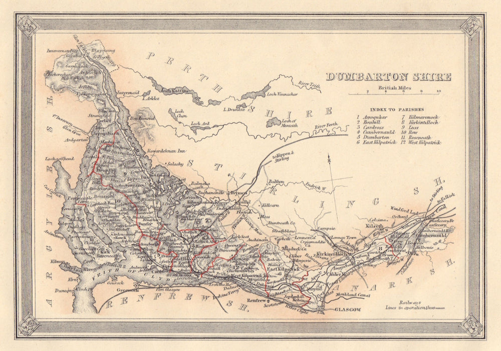 Decorative antique county map of Dunbartonshire. FULLARTON 1866 old