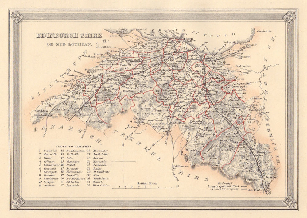 Antique county map of Edinburghshire or Midlothian. FULLARTON 1866 old
