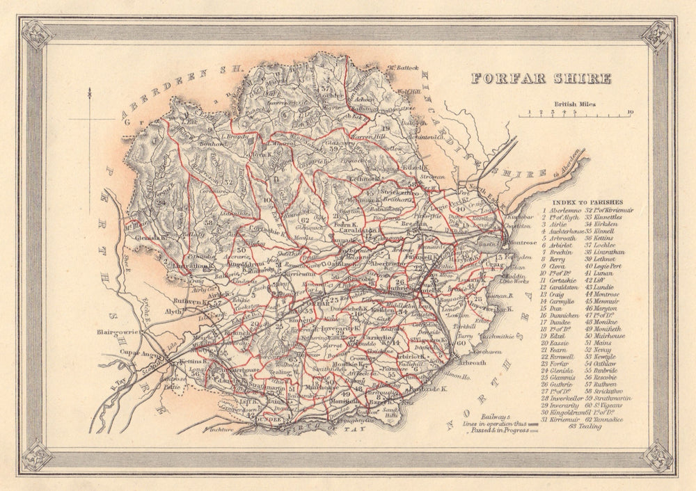 Decorative antique county map of Forfarshire, Scotland. FULLARTON 1866 old