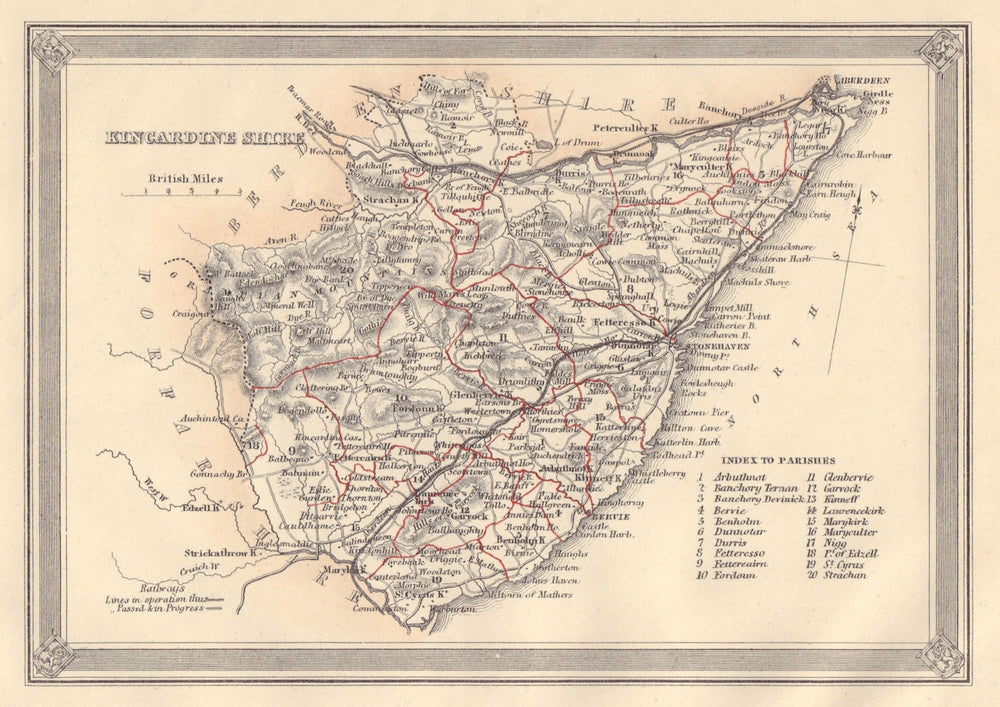 Decorative antique county map of Kincardineshire, Scotland. FULLARTON 1866