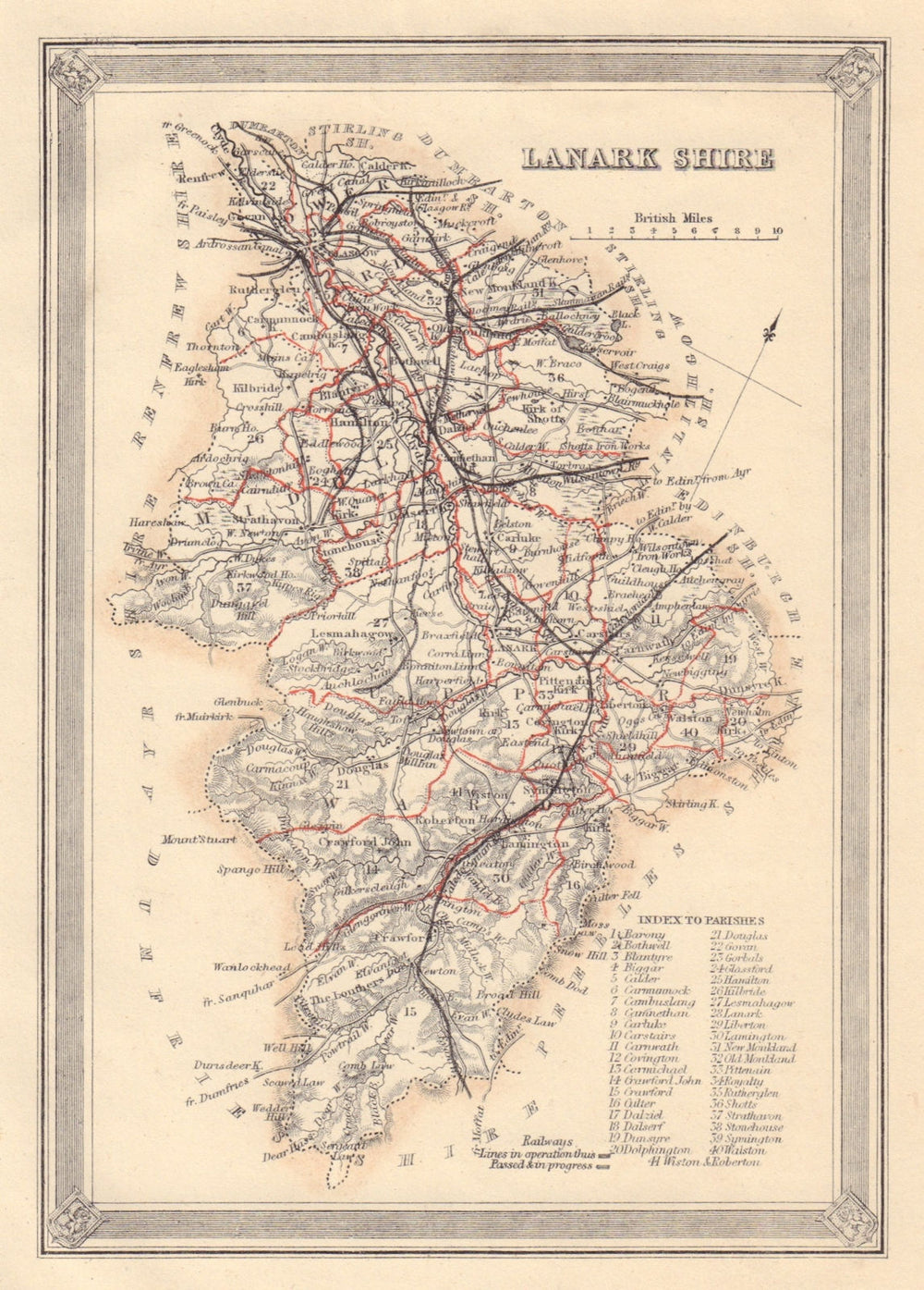 Decorative antique county map of Lanarkshire, Scotland. FULLARTON 1866 old