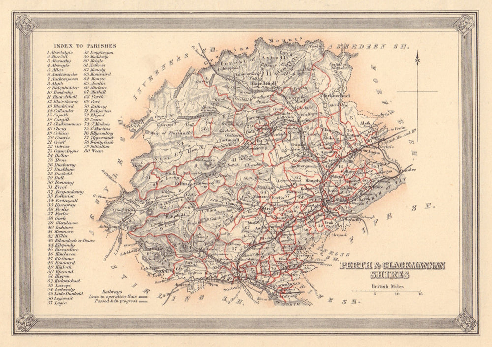 Antique county map of Perthshire & Clackmannanshire. FULLARTON 1866 old