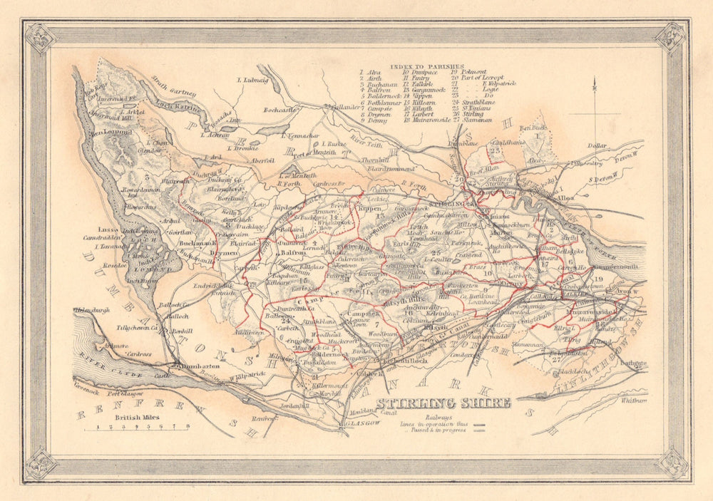 Decorative antique county map of Stirlingshire, Scotland. FULLARTON 1866