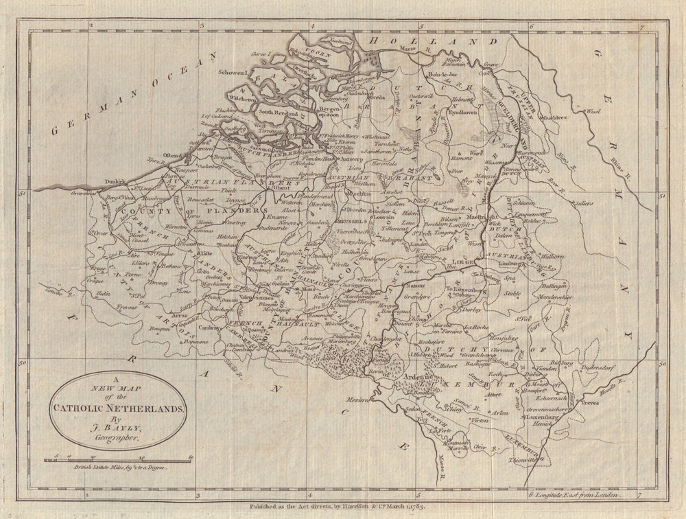 A new map of the Catholic Netherlands by J. Bayly. Belgium 1783 old