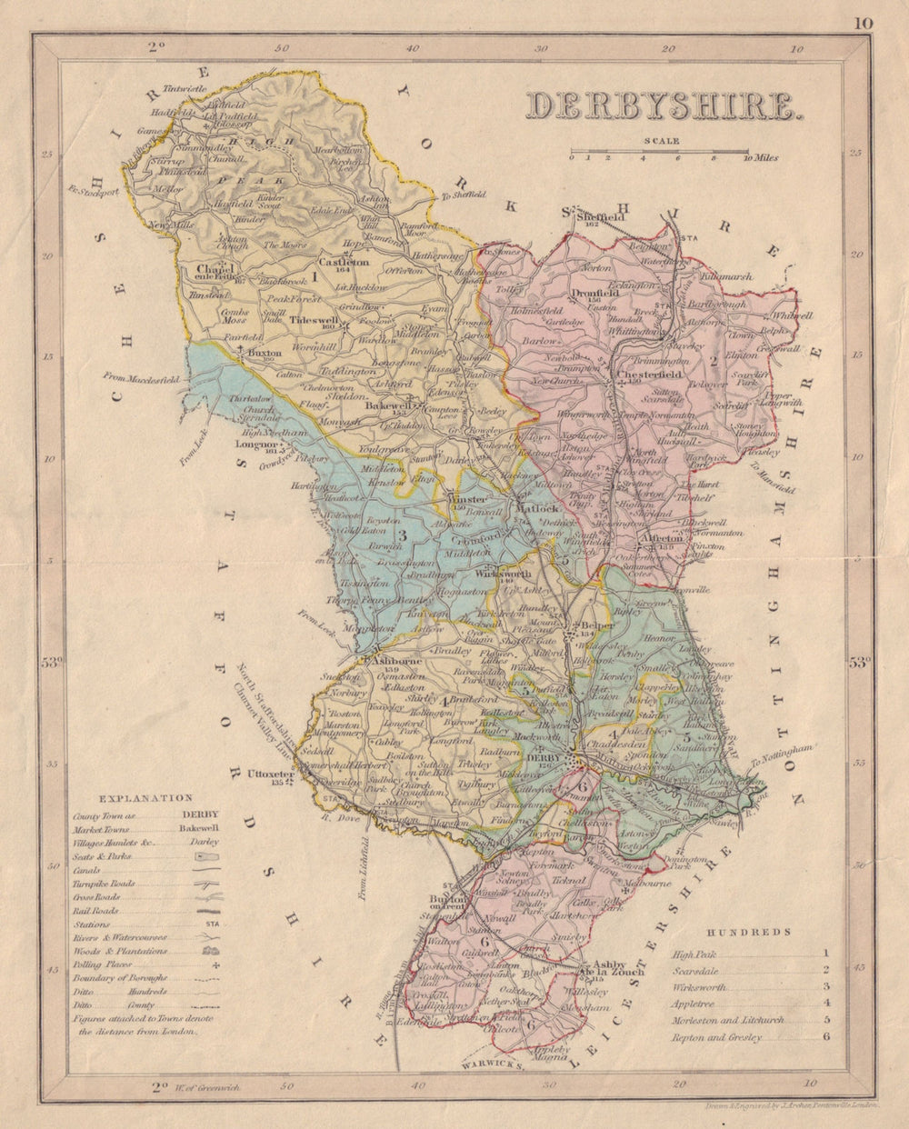 DERBYSHIRE county map by ARCHER/DUGDALE. Peak District. Polling places 1845