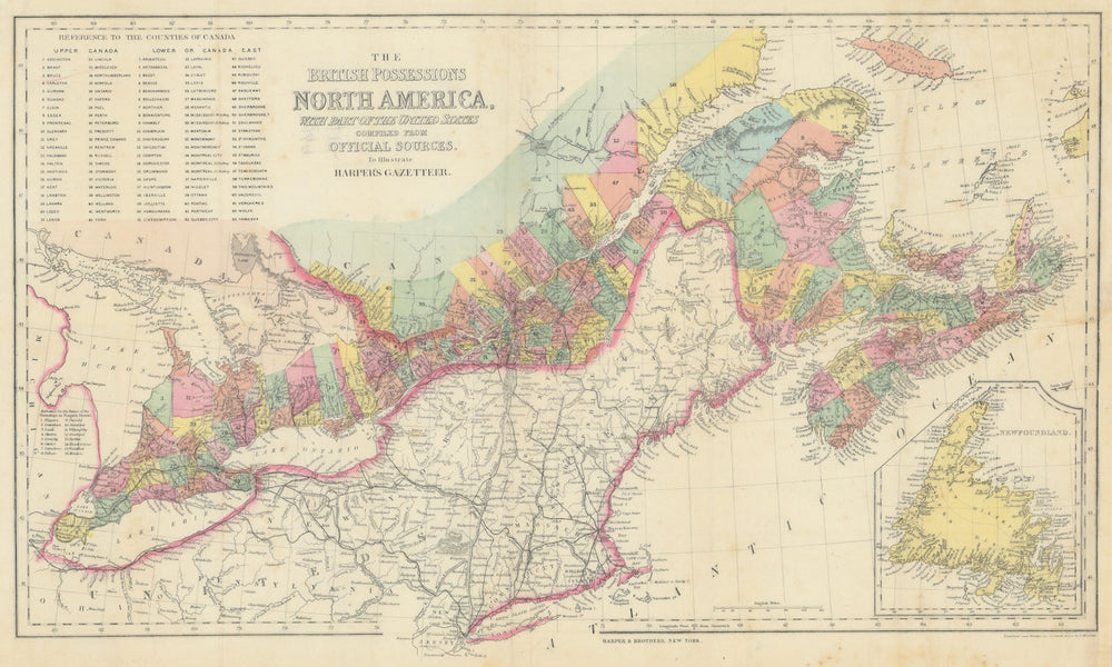 British Possessions in North America. Canada. Harper's Gazetteer 1855 old map