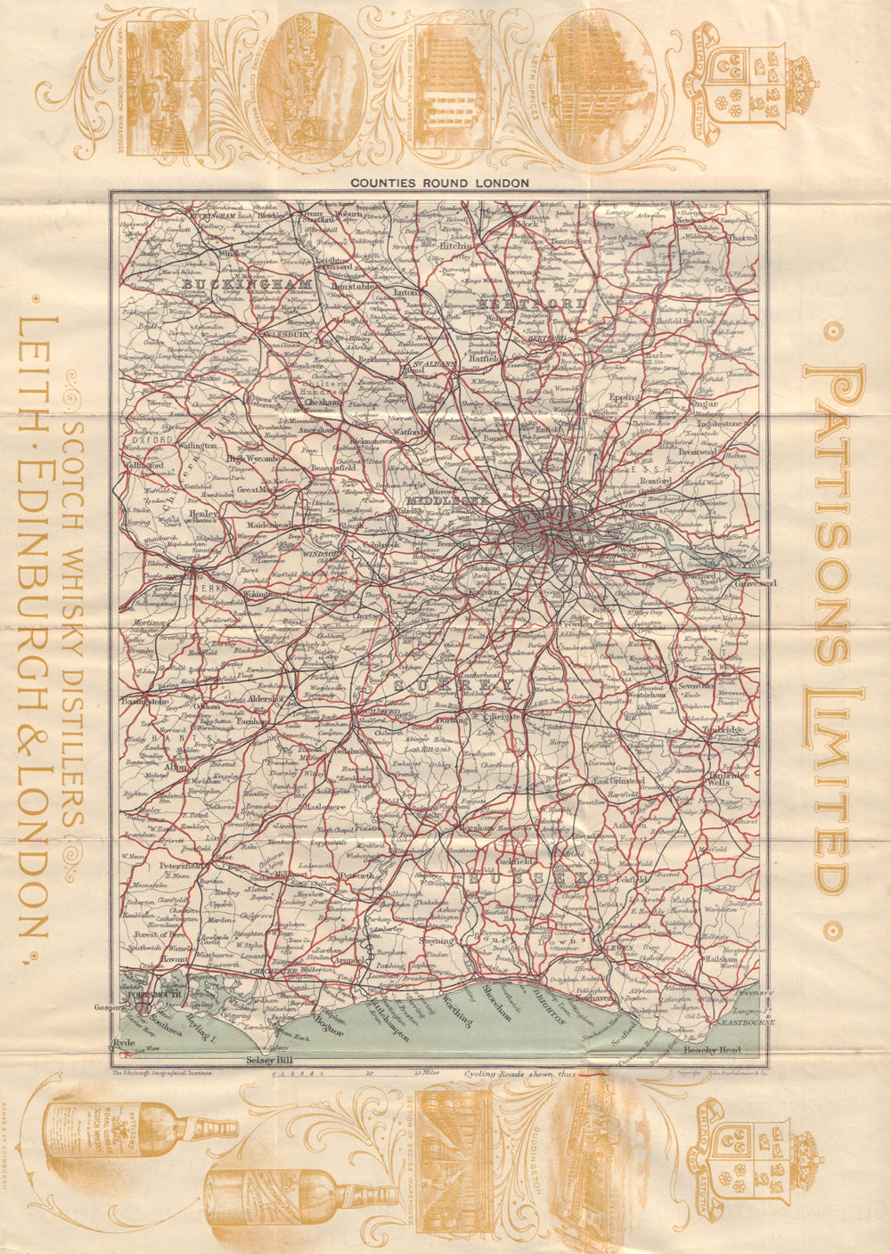 Home counties cyclists' road touring map. PATTISONS WHISKY 1900 old