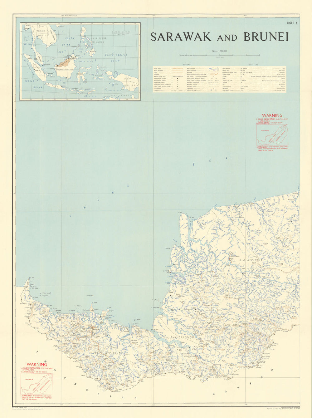 Sarawak & Brunei Sheet A. Borneo. Malayan Emergency map. Malaysia 1964 old