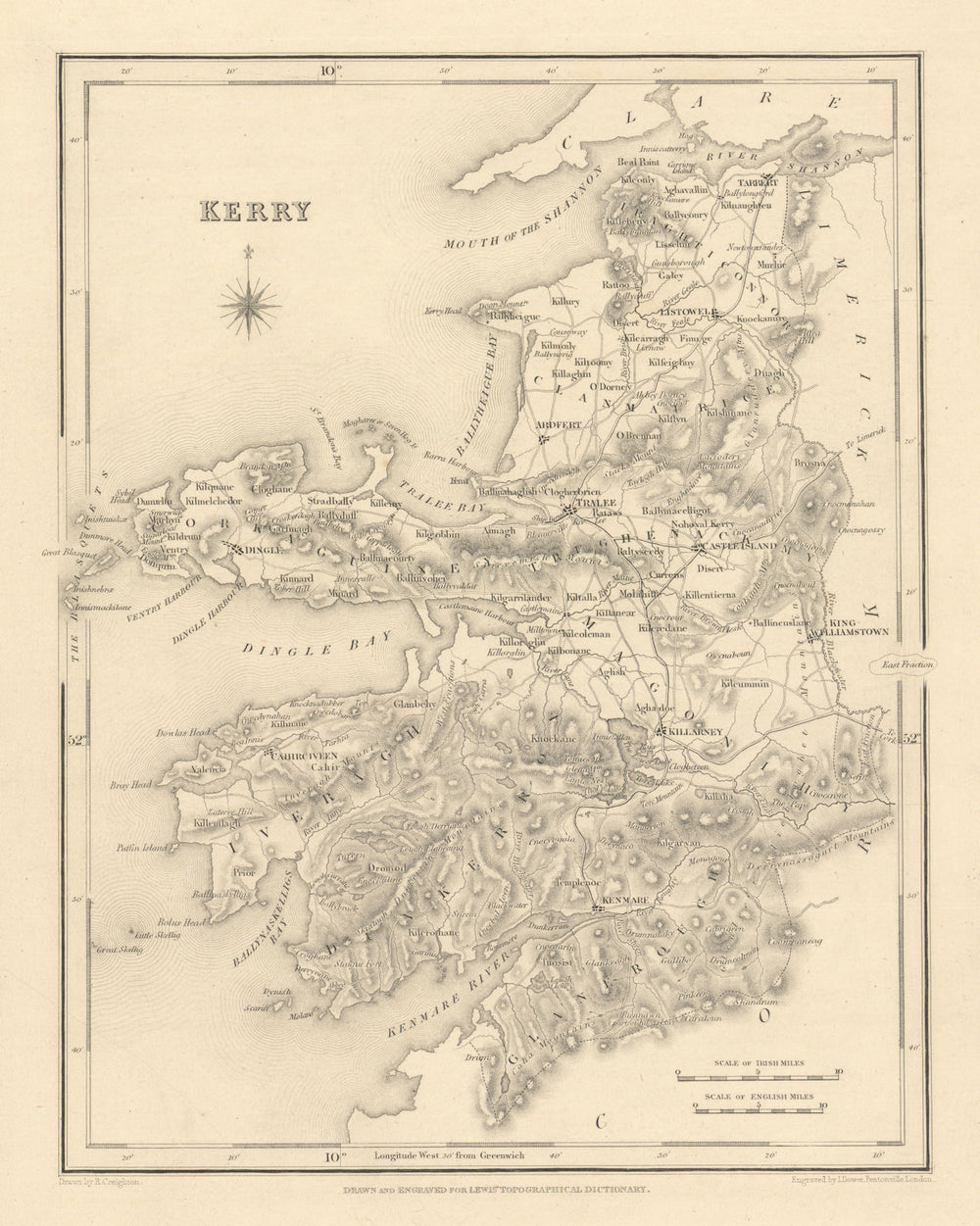 COUNTY KERRY antique map for LEWIS by CREIGHTON & DOWER - Ireland 1837 old