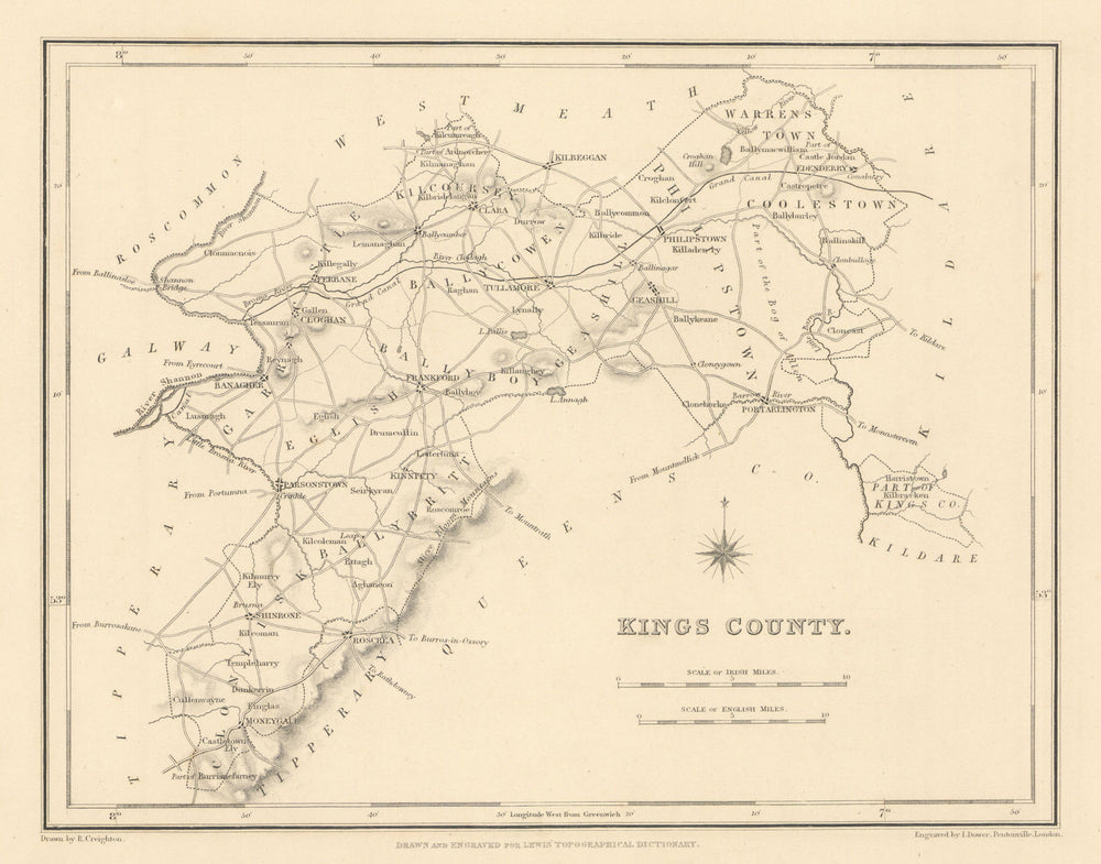 KINGS COUNTY (OFFALY) antique map for LEWIS - CREIGHTON & DOWER - Ireland 1837