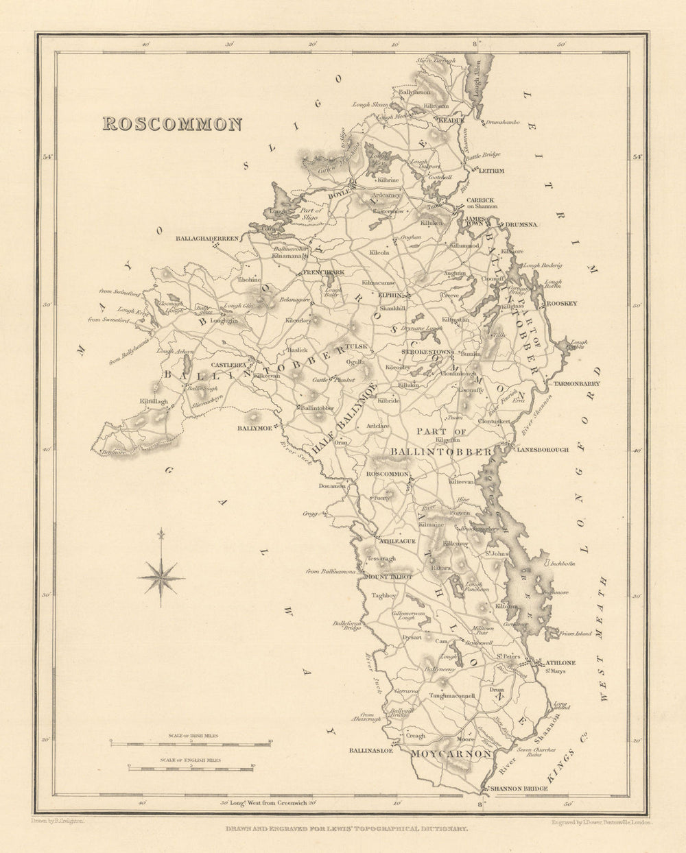 COUNTY ROSCOMMON antique map for LEWIS by CREIGHTON & DOWER - Ireland 1837