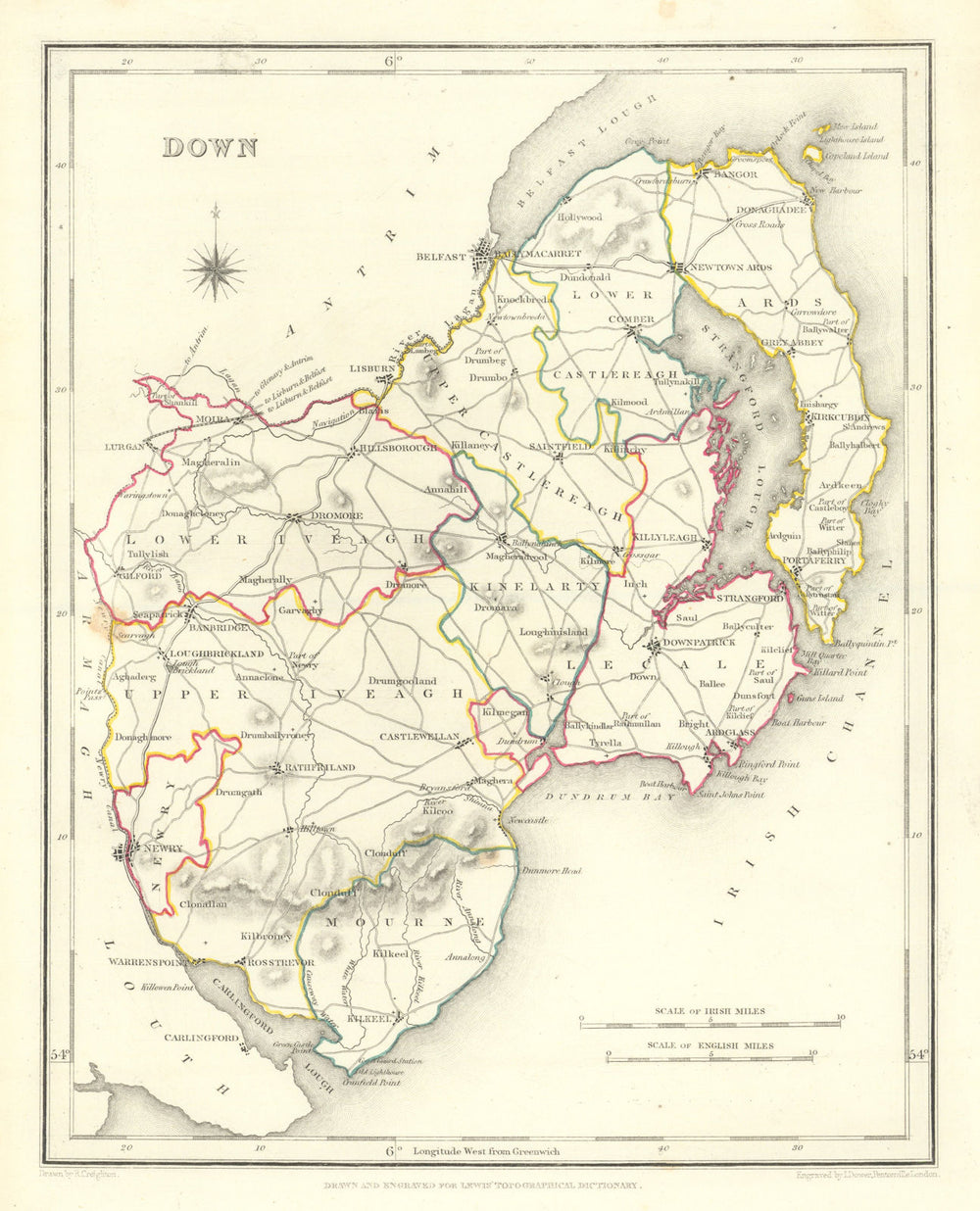 COUNTY DOWN antique map for LEWIS by DOWER & CREIGHTON. Ulster 1846 old