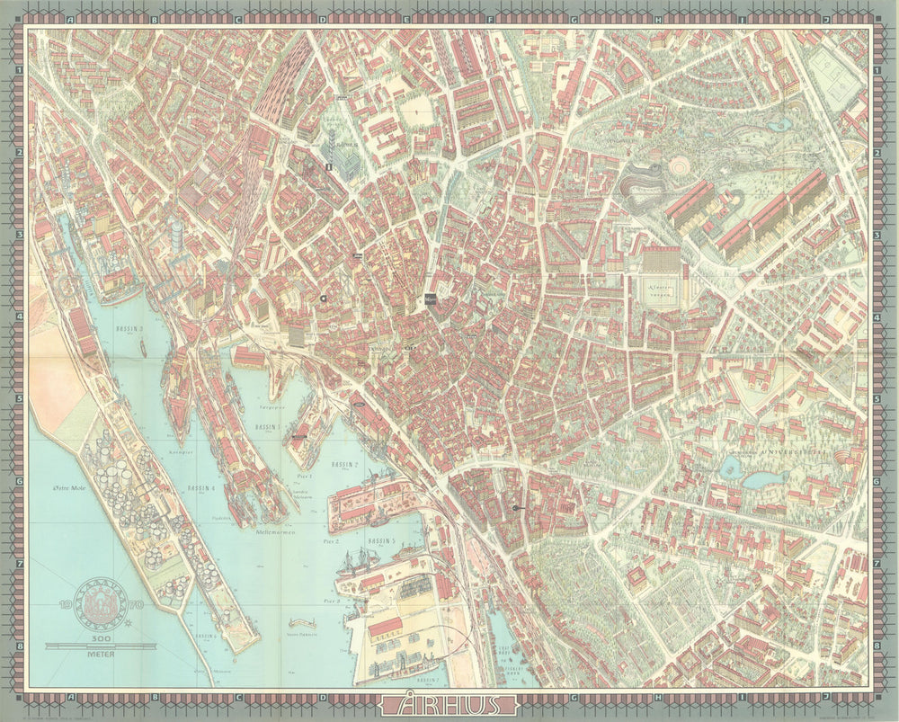 Arhus Aarhus pictorial bird's eye view city plan. Denmark #106 BOLLMANN 1970 map