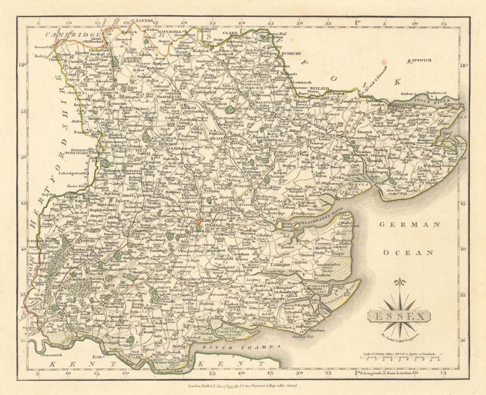 Antique county map of ESSEX by JOHN CARY. Original outline colour 1793 old