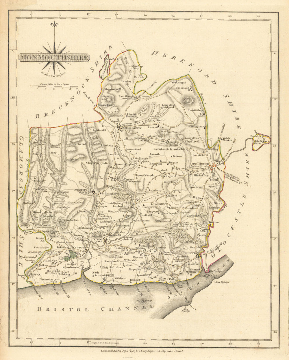 Antique county map of MONMOUTHSHIRE by JOHN CARY. Original outline colour 1793
