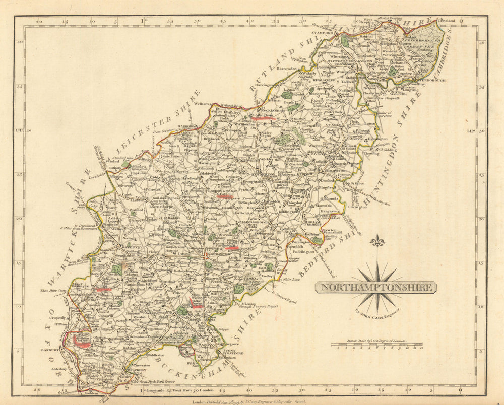 Antique county map of NORTHAMPTONSHIRE by JOHN CARY.Original outline colour 1793