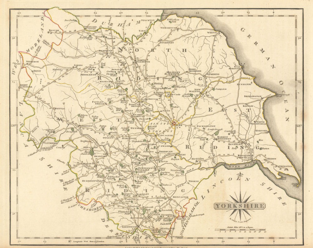 Antique county map of YORKSHIRE by JOHN CARY 1793 old plan chart