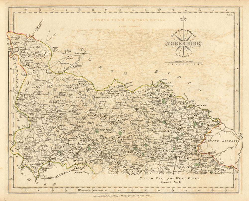 WEST RIDING OF YORKSHIRE-SOUTH antique map by JOHN CARY. Original colour 1793