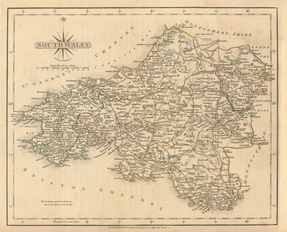Antique map of SOUTH WALES by JOHN CARY. Original outline colour 1793 old