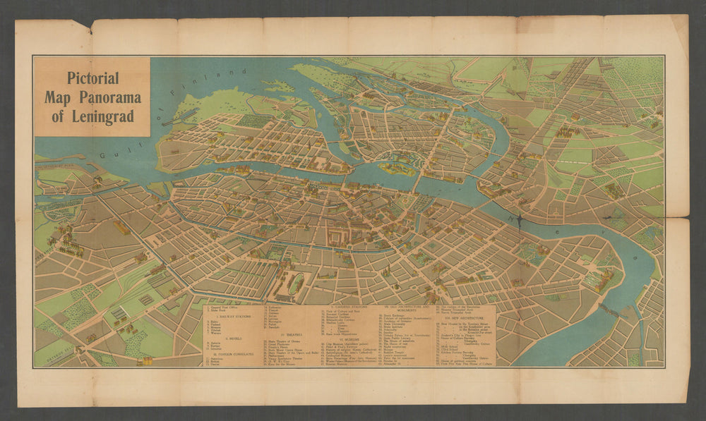 Pictorial map panorama of Leningrad by Intourist. St. Petersburg, Russia c1933