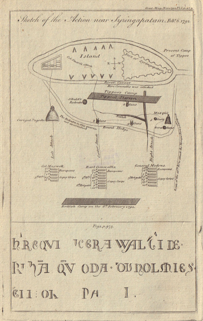 1792 Siege of Seringapatam plan, Mysore India. Howden Minster engraving 1792 map