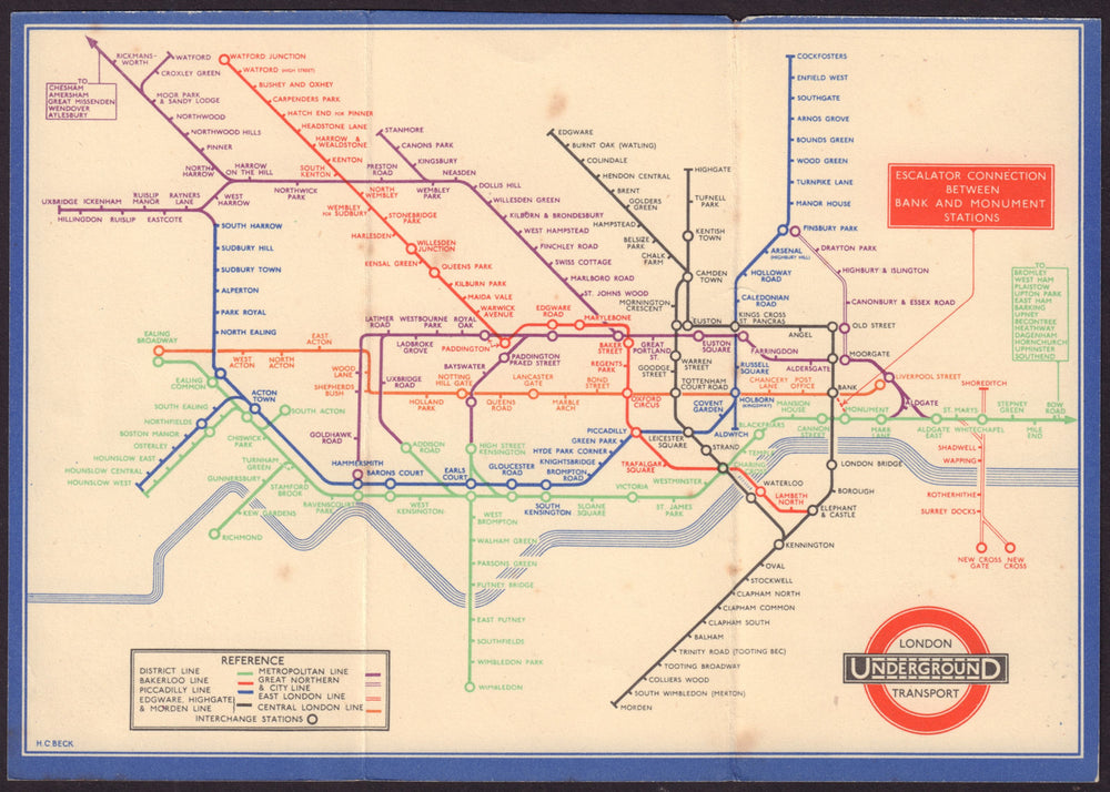 LONDON UNDERGROUND tube map plan diagram. 33-3636 HARRY BECK. December 1933