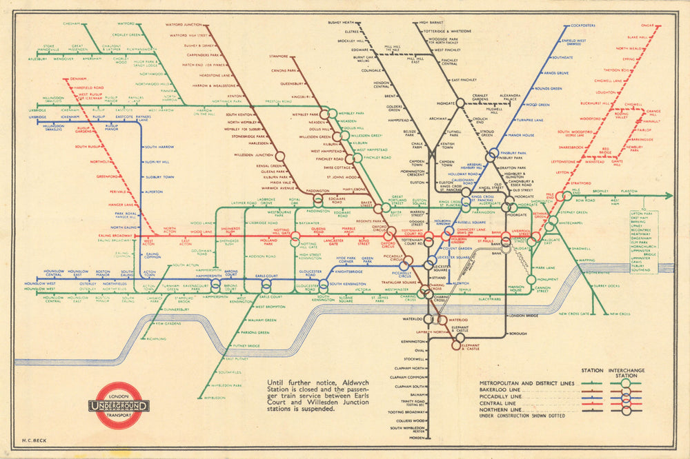 LONDON UNDERGROUND tube map plan diagram. Lines at 60 degrees HARRY BECK #2 1941