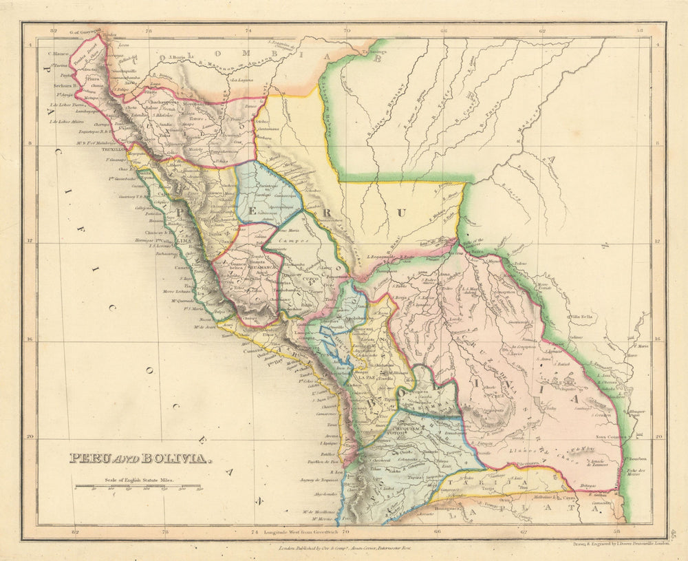 Peru and Bolivia in provinces by John Dower 1845 old antique map plan chart