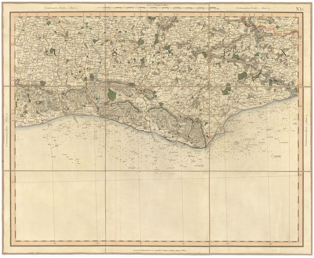 SUSSEX COAST, SOUTH DOWNS & SEVEN SISTERS. Brighton Eastbourne. CARY 1832 map
