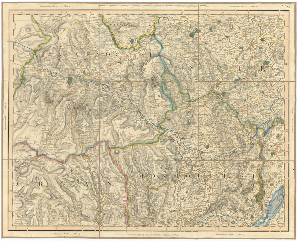 SOUTH WALES/WYE VALLEYS, BRECON BEACONS. Breconshire Monmouthshire CARY 1832 map