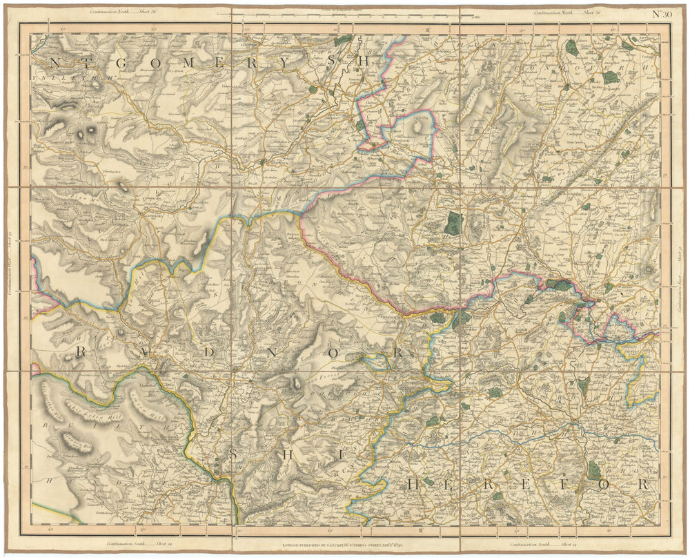 MID WALES & SHROPSHIRE HILLS Radnorshire Montgomery Herefordshire. CARY 1832 map