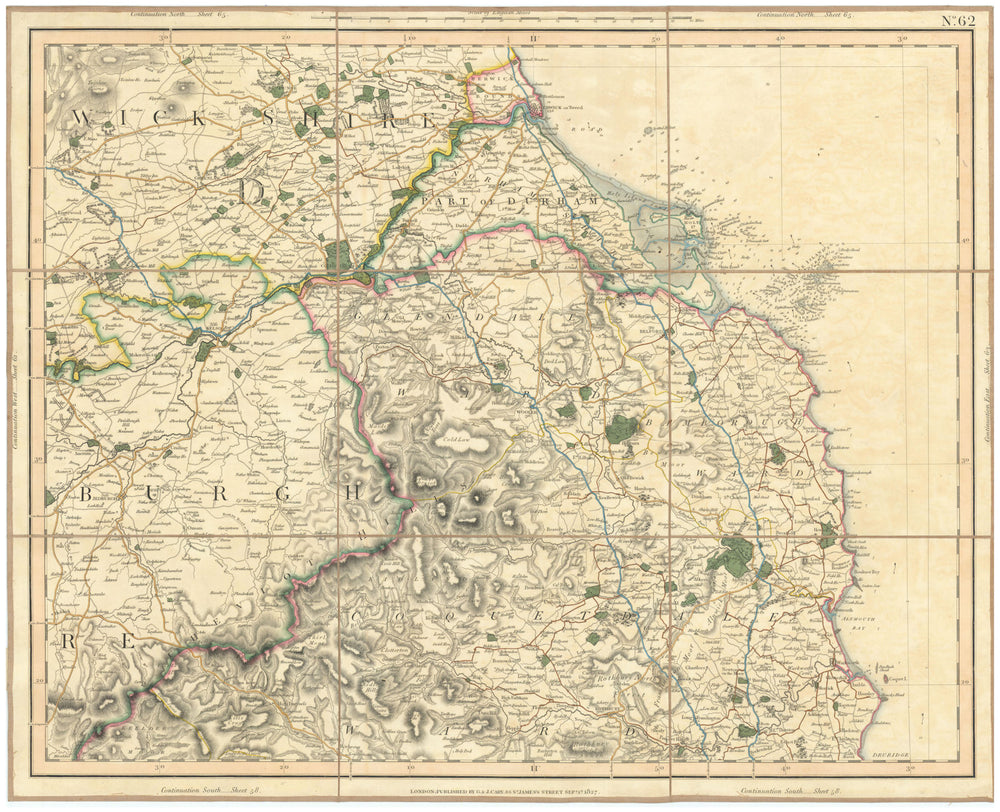 SCOTTISH BORDERS, CHEVIOT HILLS, NORTHUMBERLAND COAST Berwickshire CARY 1832 map