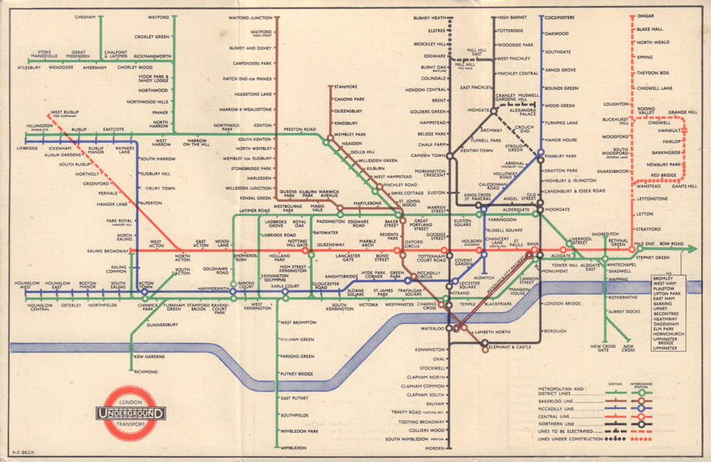 LONDON UNDERGROUND tube map plan. Central line extensions u/c HARRY BECK #1 1947