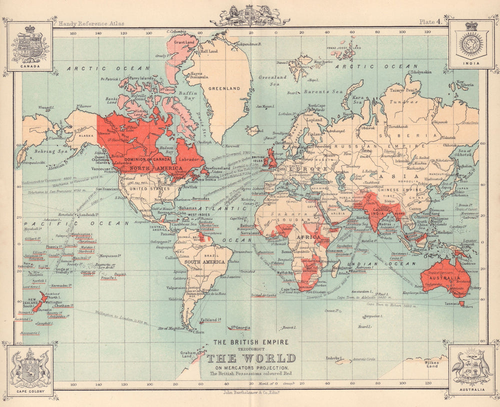 The British Empire Throughout The World. BARTHOLOMEW 1898 old antique map