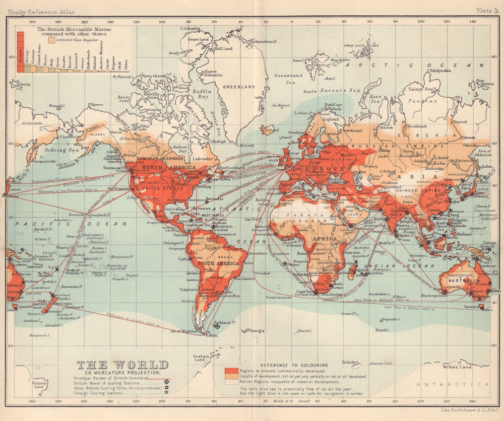 Commercial Chart of The World. Coaling stations. BARTHOLOMEW 1898 old map