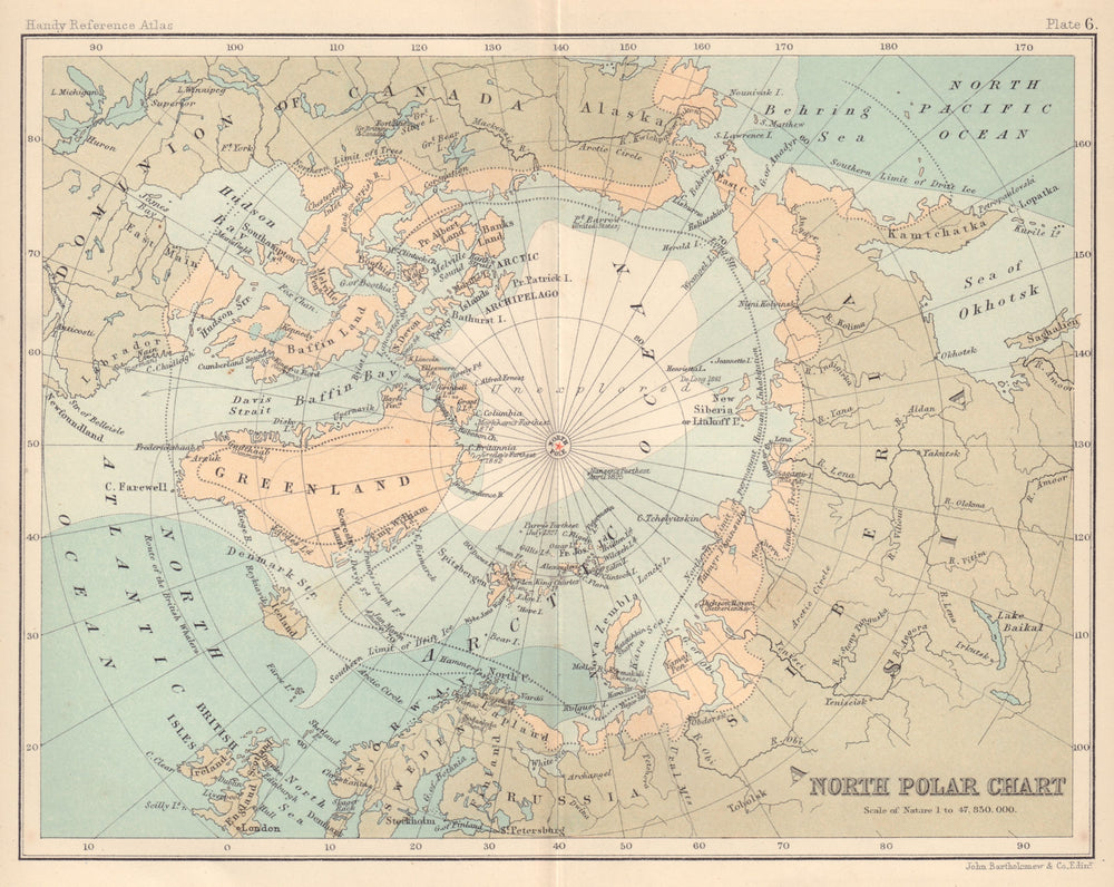 North Polar chart. Explorers' positions. Drift ice limits. Arctic 1898 old map