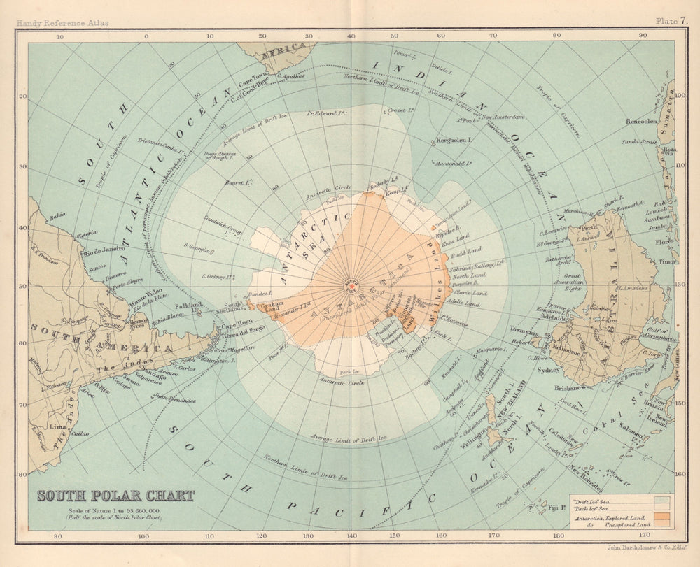 South Polar Chart. Unexplored. Antarctic. BARTHOLOMEW 1898 old antique map