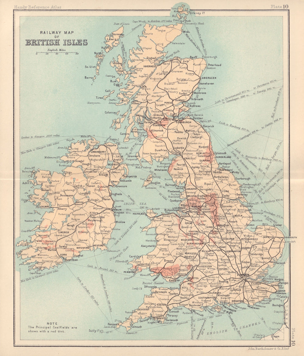 Railway map of British Isles showing coalfields. BARTHOLOMEW 1898 old